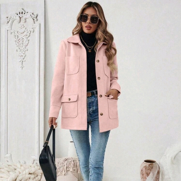 Women's Solid Color Front Button Long Sleeve Pocket Casual Jacket